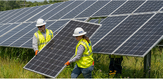 DTE Employees setting a solar panel in place in a green field.