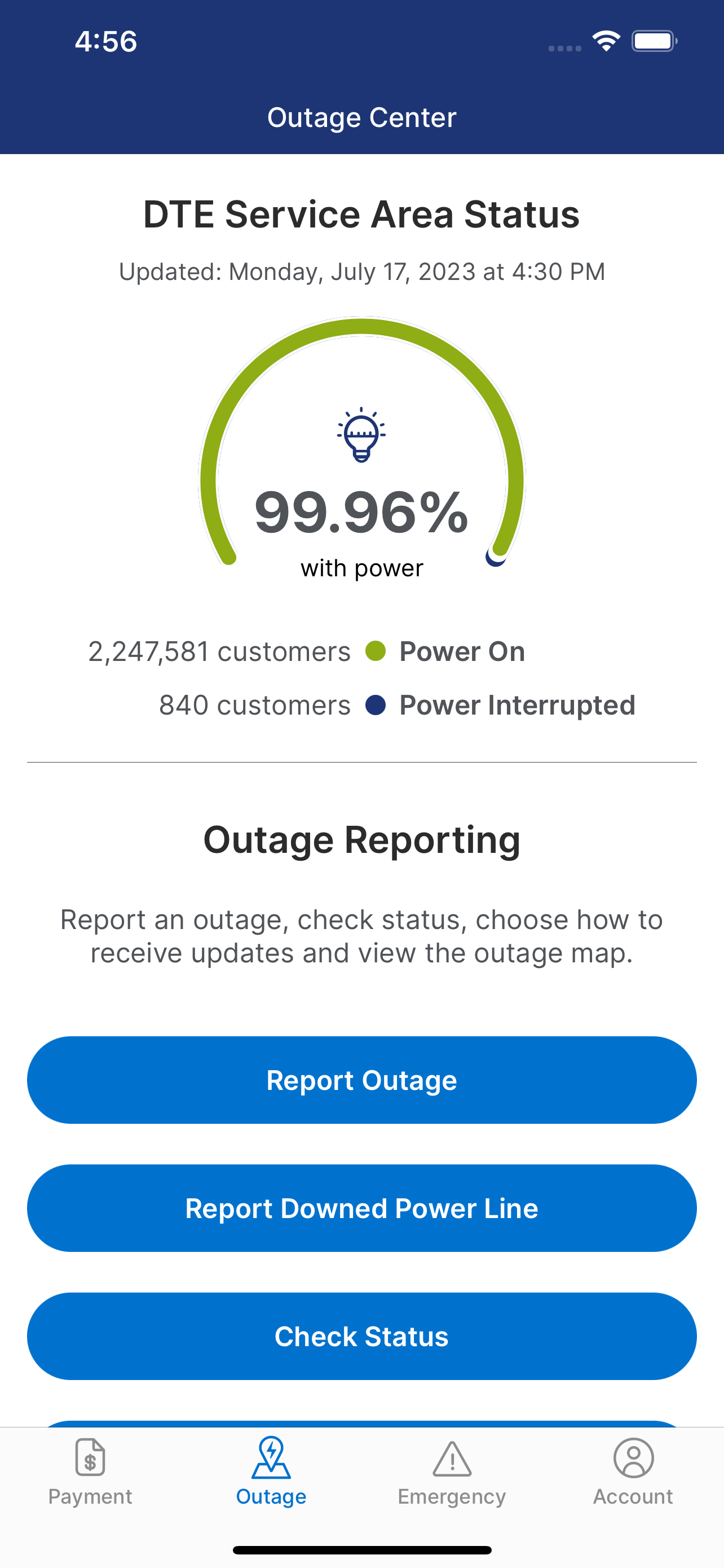 Outage Center Screen